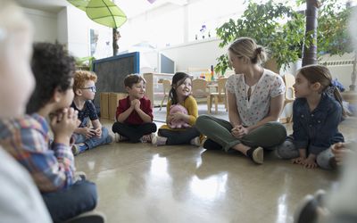 幼儿园老师和学生围成一圈坐在教室地板上