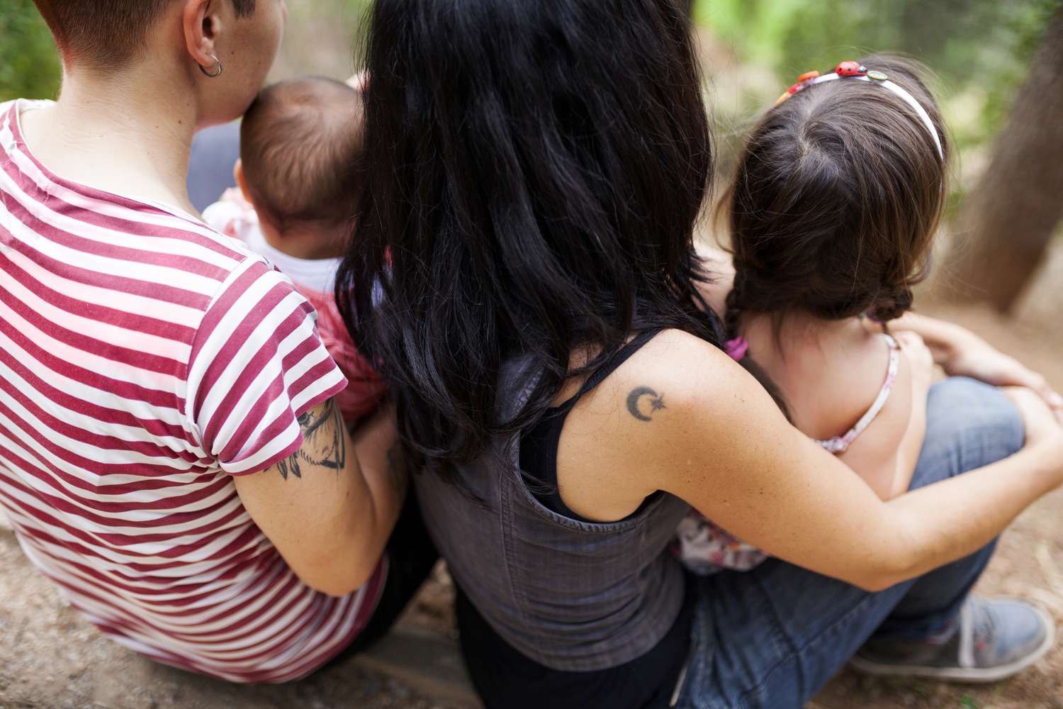 Back view of lesbian couple with two children