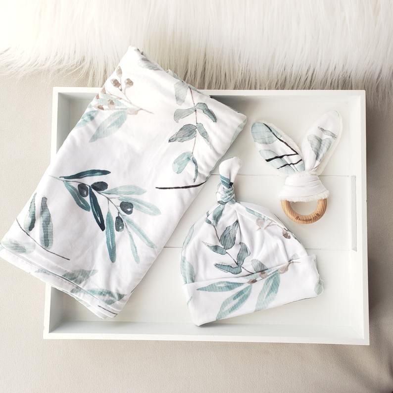 Etsy Organic Baby Swaddle Blanket and Knot Hat