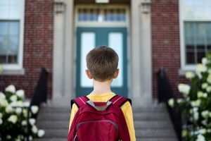 一个小男孩背着书包站在学校大楼前