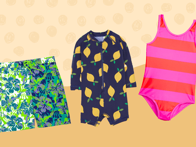 A collage of swimsuits for kids we recommend on a colorful background