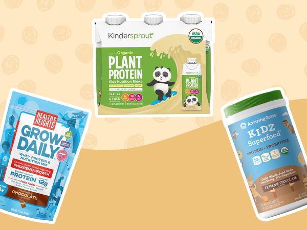 Assortment of protein powders and shakes for kids we recommend displayed on a two-tone beige patterned background