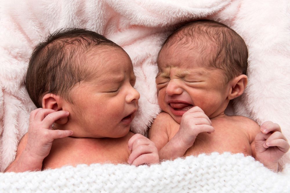Newborn twins side by side under blanket