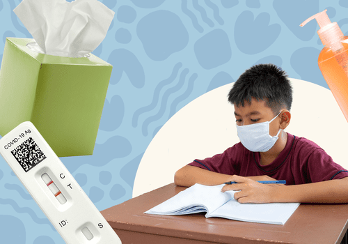 composite of kid wearing mask looking at notebook, covid test, soap, and tissues in the image too