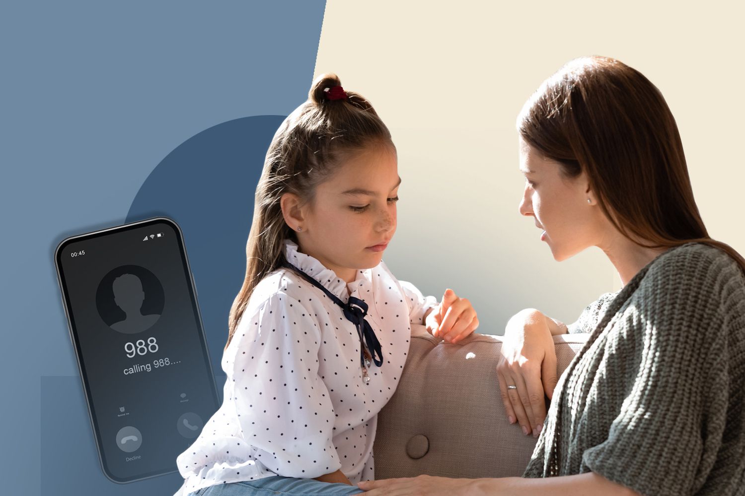 A phone with 988 (suicide hotline) and a woman with a smaller child