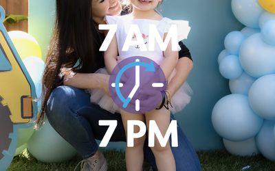 Image of Hindi Zeidman and her daughter olive; text reads 7am to 7pm