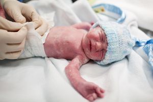 刚出生的婴儿戴着一顶帽子，上面覆盖着一层vernix