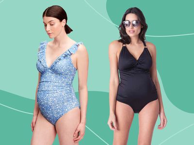 Models wearing best maternity bathing suits collaged against colorful green background