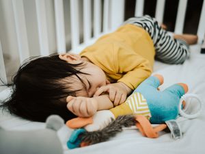 吮吸拇指的幼童睡在婴儿床旁的毛绒玩具