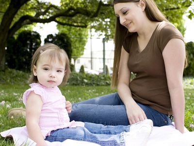'Adorable Caucasian Baby Girl with Mother at Park, Copy Space'