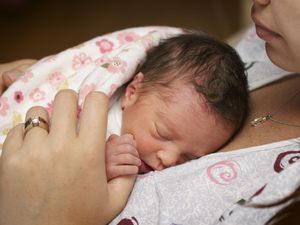 刚出生两天的早产女婴，躺在母亲的乳房上
