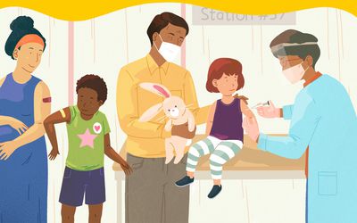 drawing of family getting their covid-19 vaccines