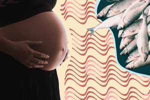 Photo illustration of pregnant belly and tuna