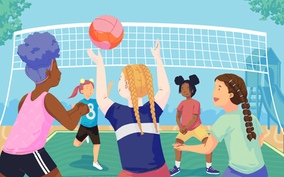 Girls playing volleyball with different hairstyles