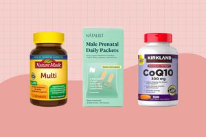 Collage of supplements we recommend to support fertility on a pink background