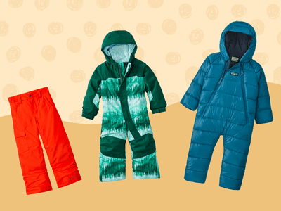 Collage of snow suits we recommend for kids on a yellow background