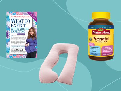 Collage of pregnancy products we recommend on a blue background