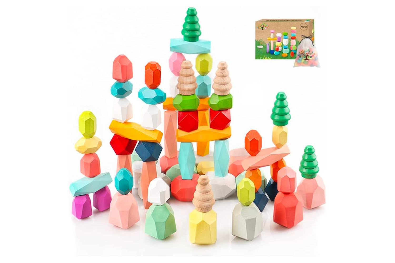 BigShu 48-Piece Wooden Sorting and Stacking Rocks