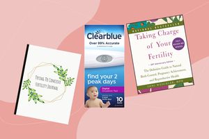 Collage of fertility products we recommend on a pink background