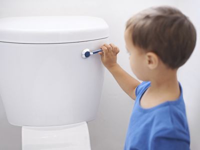 A young boy flushing a toilet