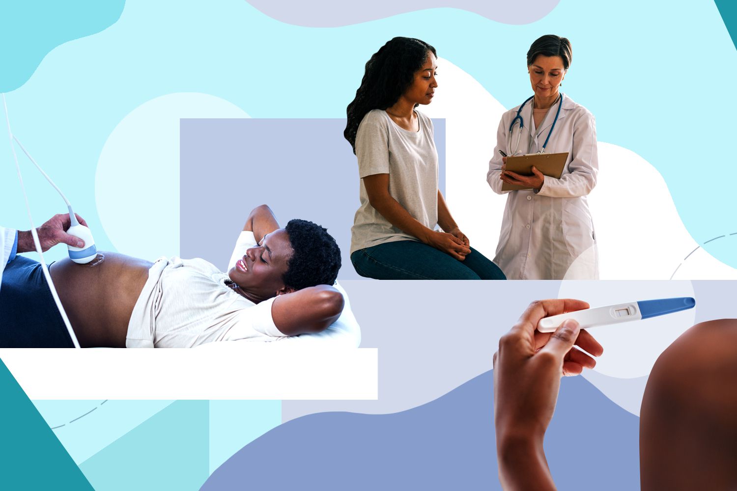 A person getting an ultrasound, a person with a pregnancy test, and a person with a healthcare provider