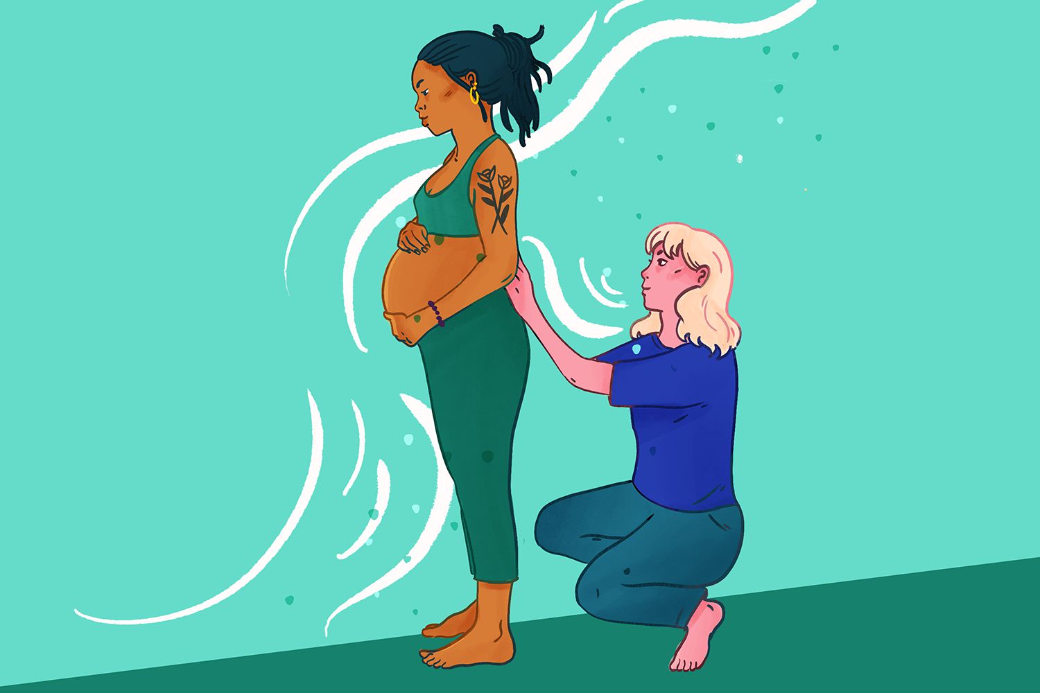 助产师是做什么的?一名妇女蹲在孕妇身后，抚摸她的背部
