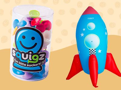 Fat Brain Toys Squigz Starter Set - 24 pc. and FUNBOY Rocketship Sprinkler displayed on a beige patterned background