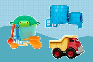 Best sand toys collaged against a blue patterned background