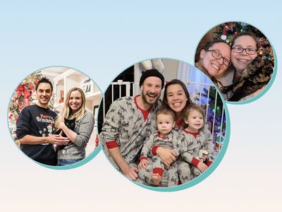 Three families in front of their Christmas trees