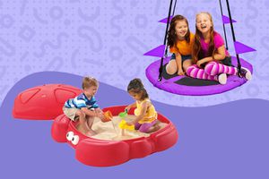 Two kids playing in a sand box while two other kids sit on a swing displayed on a purple patterned background