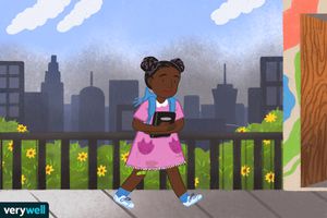 drawing of little girl walking to school with smog in the background