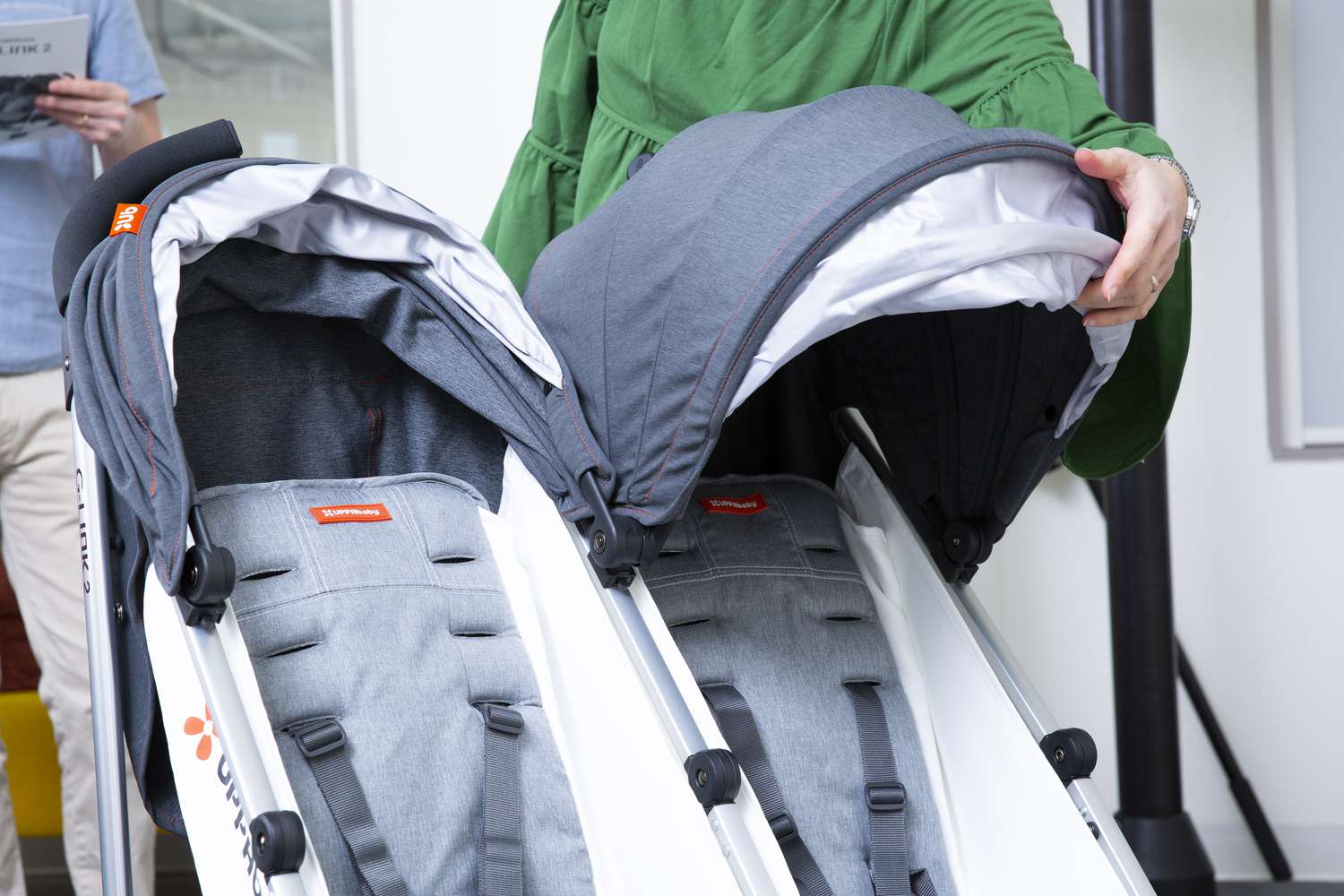 Uppababy G-Link 2 Double Stroller being tested by a woman