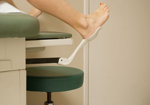 Woman with her feet in stir-ups at gynecologist office