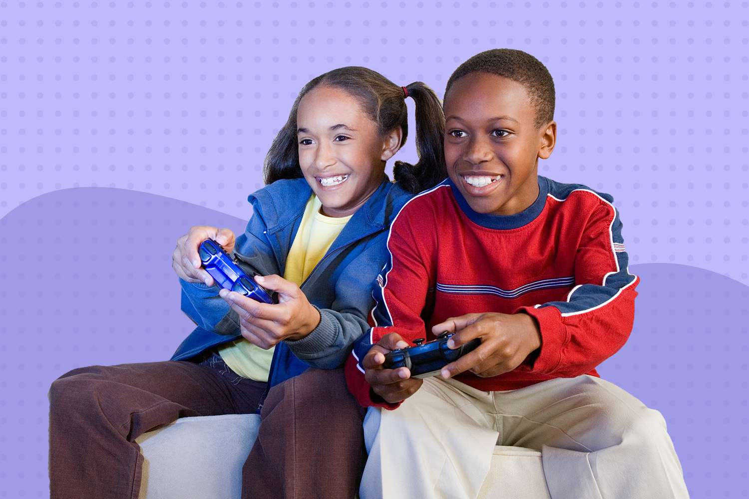 Collage of kids holding gaming controllers on a purple background
