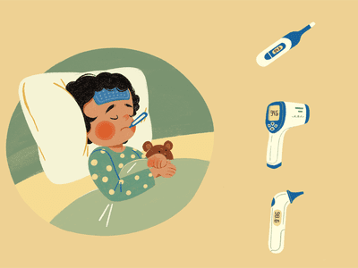 孩子被我n bed with different kinds of thermometers