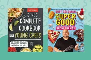 Best cookbooks for kids collaged against a patterned green background