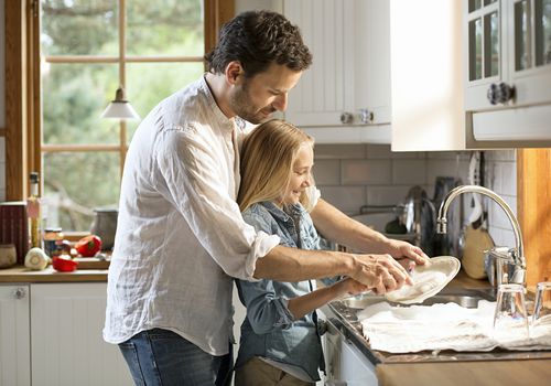 Father washing dishes with his daughter