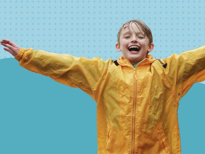 Kid wearing L.L. Bean Kids' Discovery Rain Jacket collaged against colorful blue background