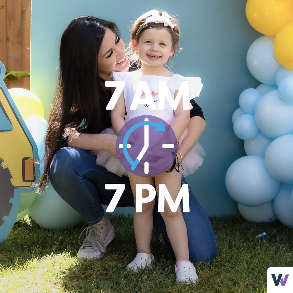 Image of Hindi Zeidman and her daughter olive; text reads 7am to 7pm