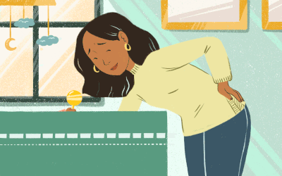 An illustration of a woman bending over a crib with her hand on her hip