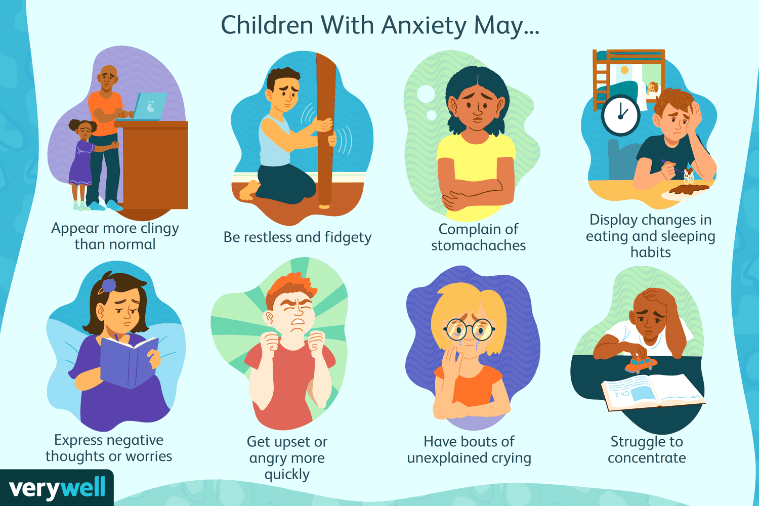 Spot illustrations of potential symptoms of anxiety in children
