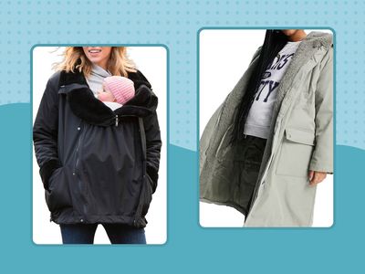 Two people wearing maternity coats displayed on a blue patterned background