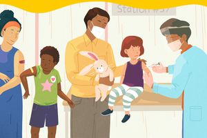 drawing of family getting their covid-19 vaccines