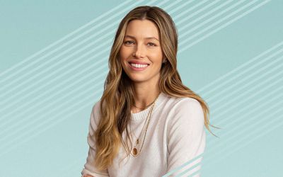 image of jessica biel against a blue background