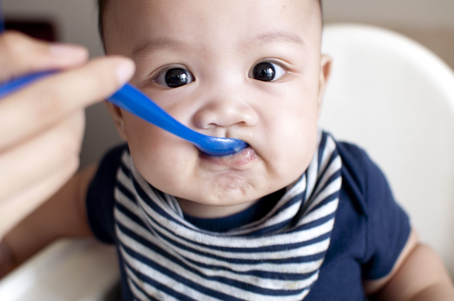 Feeding a baby for the first time with solid food