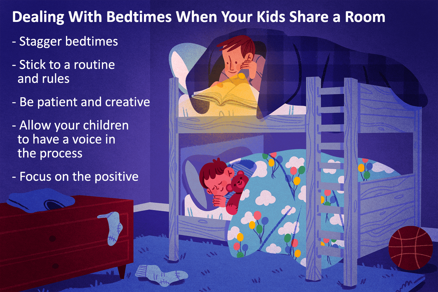 Children in a bunk bed, one is awake reading with a flashlight and the other is asleep on the lower bunk with a teddy bear (Dealing With Bedtimes When Your Kids Share a Room)