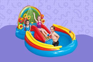 Collage of a kiddie pool we recommend on a purple background