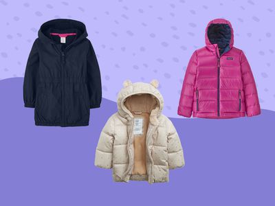 Assortment of winter coats for kids displayed on a two-tone purple patterned background