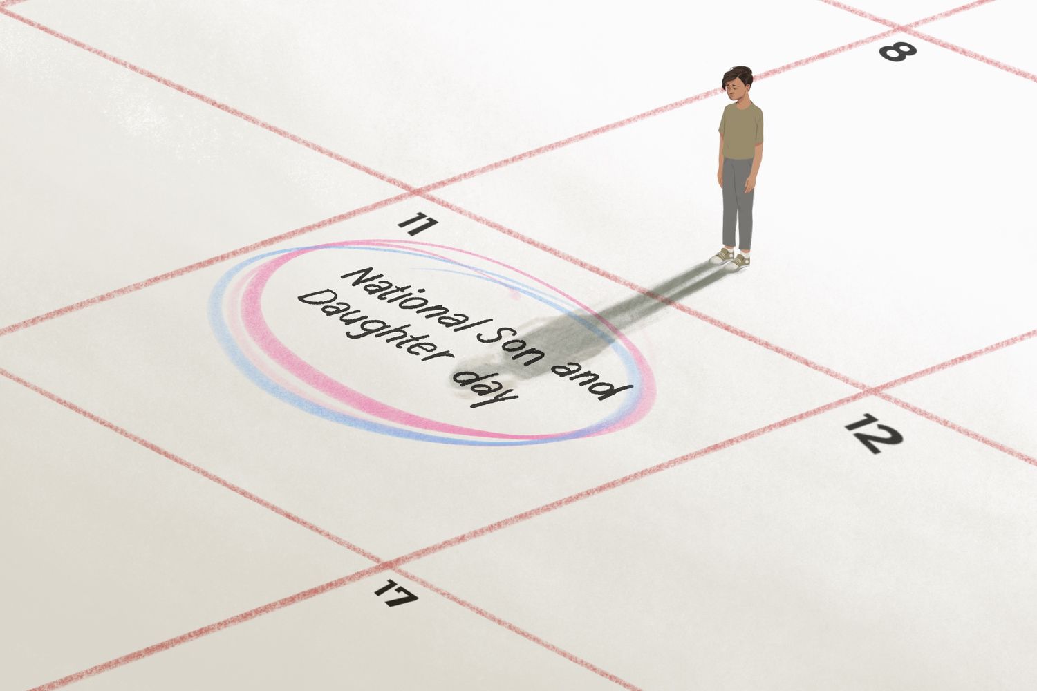 一个孩子站在日历上的插图，日历上用粉色和蓝色圈出了“全国儿女日”