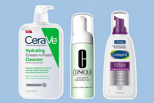 Collage of face washes we recommend for tweens and teens on a blue background